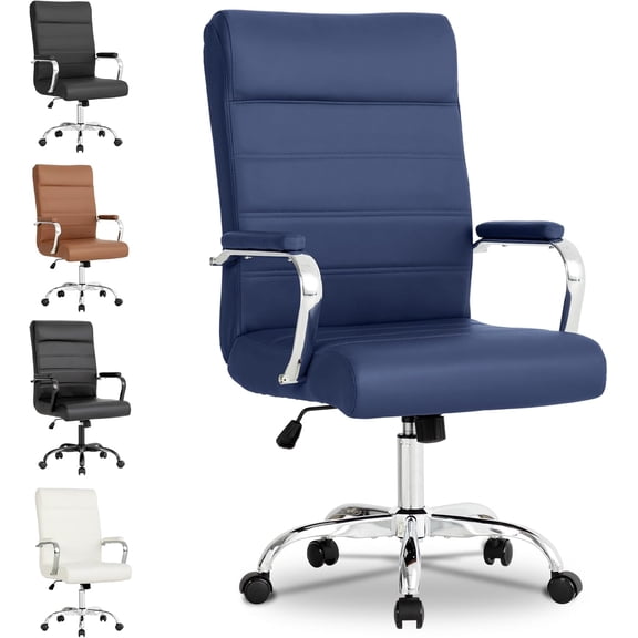 Modern Leather Conference Room Chair, High Back Home Office Chair – Adjustable Height Swivel Executive Computer Chair with Padded Seat & Armrest (White Frame with Gold Accents)