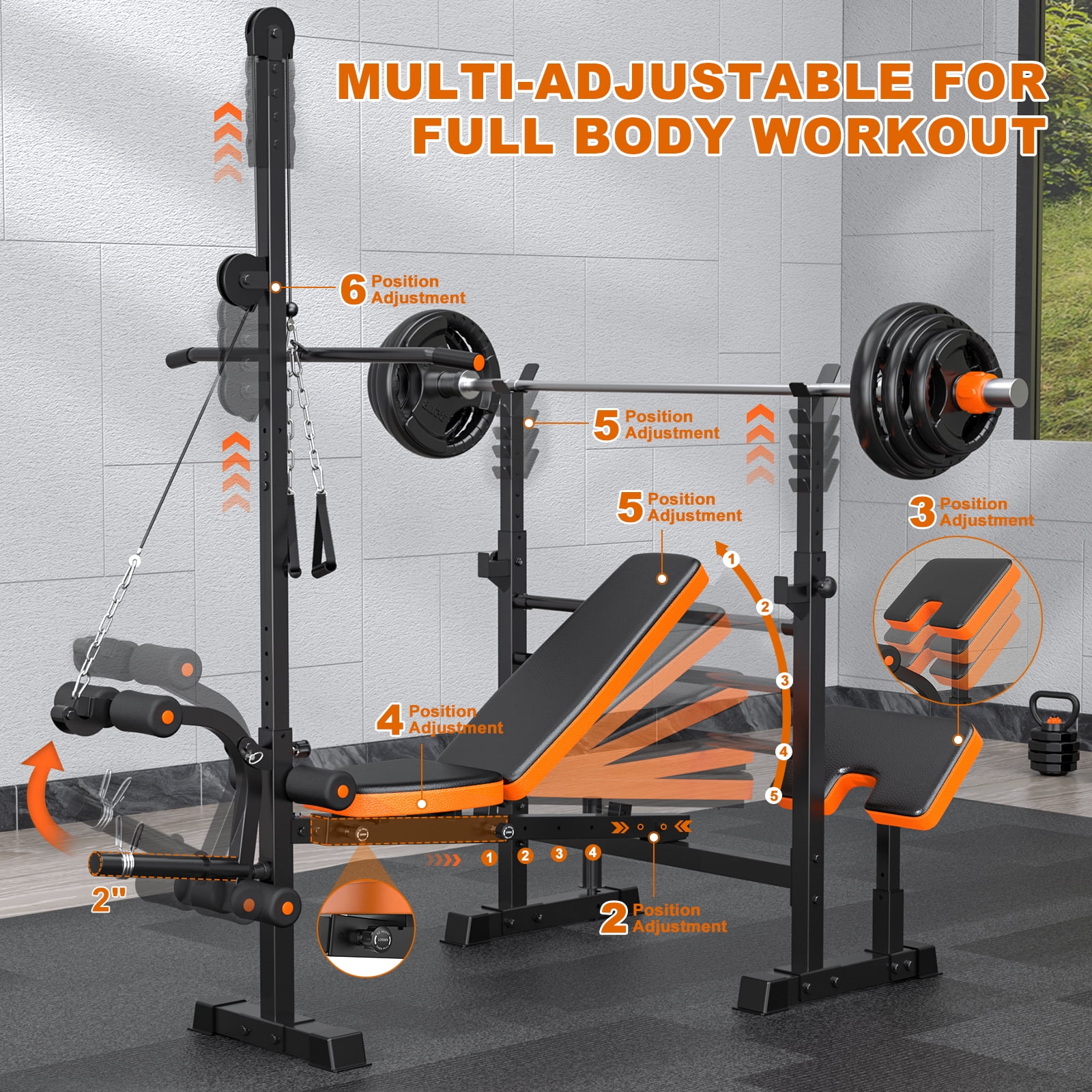 GIKPAL 800lbs 10-in-1 Multi-Function Adjustable Weight Bench Press Set with Lat Pull Down,Full Body Strength Training Workout Bench Exercise Equipment with Leg Developer, Preacher Curl