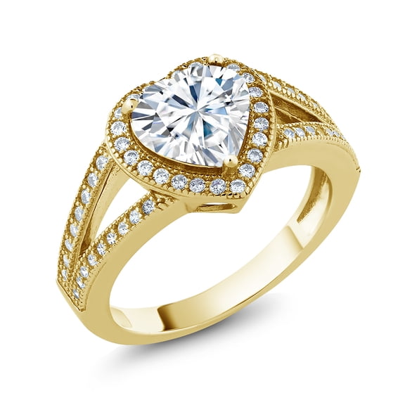 Gem Stone King 18K Yellow Gold Plated Silver Ring Heart Shape Set with Moissanite (2.09 Cttw) (Size 7)