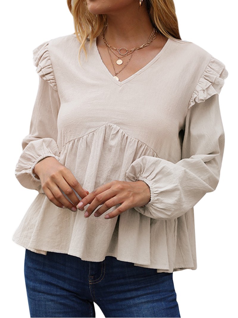 Nlife Women V Neck Ruffled Puff Sleeve Patchwork Ruching Hem