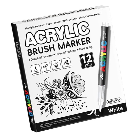 7829 12Pcs Liquid Acrylic Marker Brush Tip Acrylic Paint Pen for Journaling Drawing on Paper Stone Rock Canvas Wood Glass