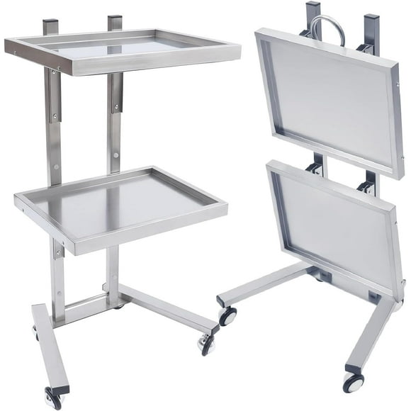 2 Tier Metal Rolling Cart, Stainless Steel Salon Tray with Wheels, Foldable Utility Cart, Salon Tray Trolley, Medical Trolley Cart, Mobile Storage Tray Cart for Tools Cavitation Machine Salon Supplies