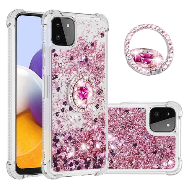 Funda para Samsung Galaxy A22 5G con Brillo Líquido Flotante, Purpurina, Parachoques y Anillo Giratorio Soporte