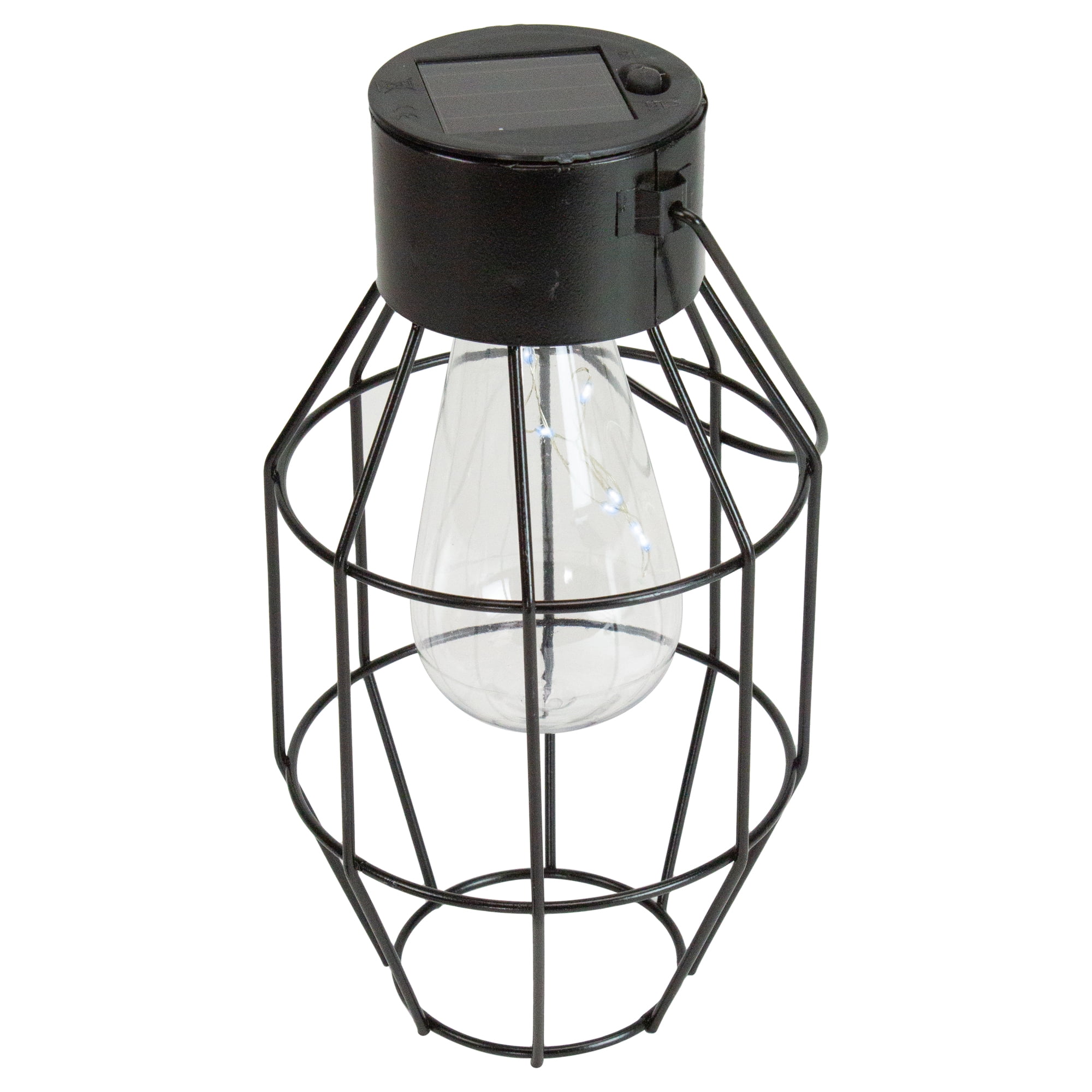 9.5" Black Geometric Oblong Outdoor Hanging Solar Lantern with Handle