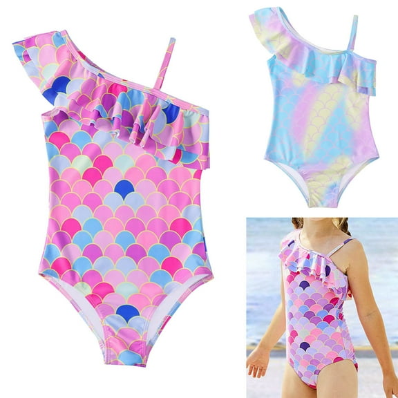 4-12Years Big Little Girls Mermaid scales One-Piece Swimsuits One Shoulder Ruffle Swimwear Bathing Suit UPF 50