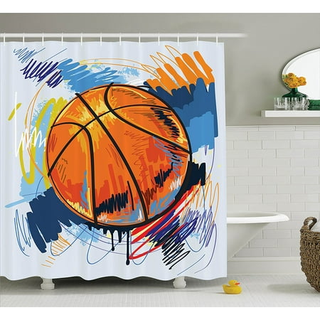 Sports Decor Collection, Basketball Colorful Background Sketch Enjoyment Artful Doodle Style Design Print, Orange Blue Red By Ambesonne Ship from US