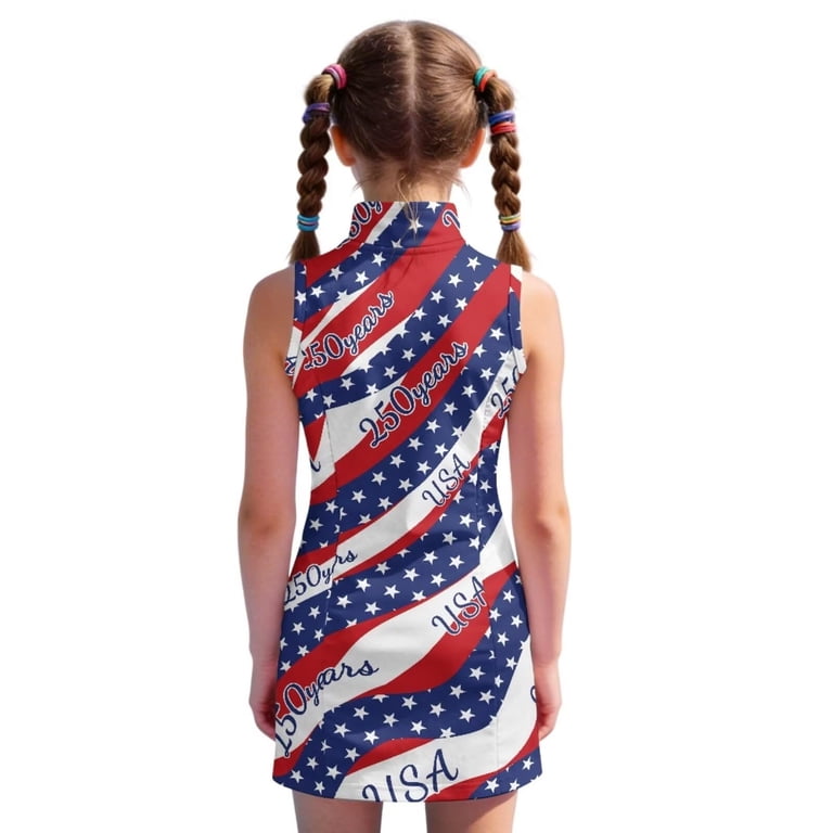 red white and blue tennis dress Gunia Patriotic Tennis Dress For Girls Child Red White Blue Print  Sleeveless Stand Collar Dresses Fashion Soft Big Girls Fourth Of July  Festival Sport Dress Blue Size 4-5 Years