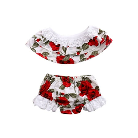 

Woshilaocai Toddler Little Girls Sleeveless Off Shoulder Floral Multi-Layer Lace Loose Top High Waist Triangle Elastic Band Shorts