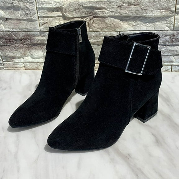 JUSLIO Winter Boots for Women Chunky Heel Boots Pointed Toe High Heel Solid Color Fashion Casual Slip On Zipper Womens Boots