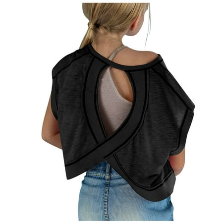 Moxiu Girls Open Back Workout Tops Kids Lightweight Cotton Criss Cross Short Sleeve Athletic Crop Shirts Gym Yoga T Shirts Black 7 Years