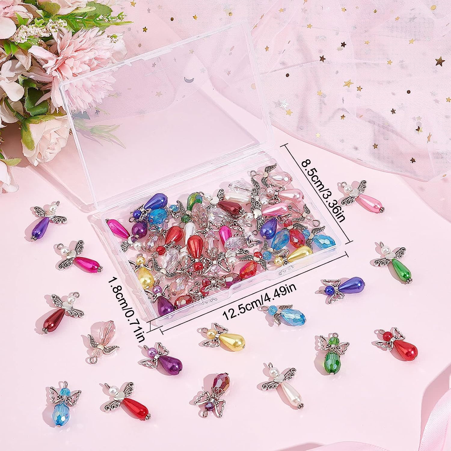 1 Box 60Pcs Angel Charms Angel Beads Beading Guardian Charm Beaded Wings Faceted Glass for Jewelry Making Party Favor Gift DIY Necklace Earring Keychain Craft Mixed Color Mixed Color