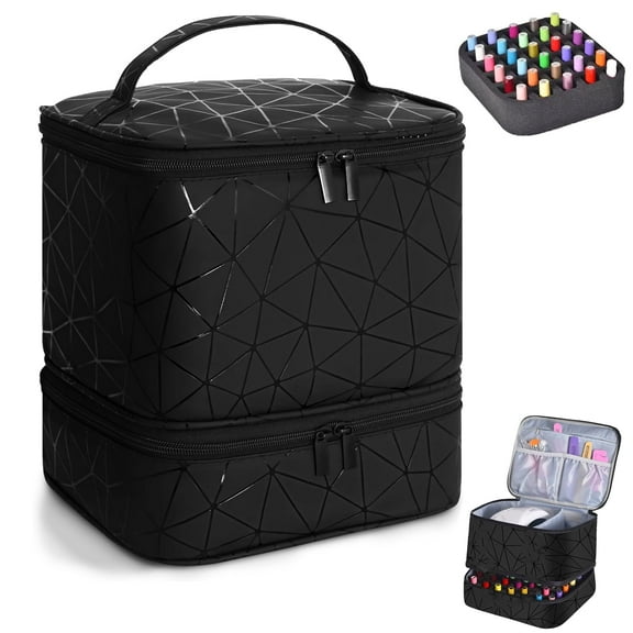 Nail Polish Organizer Case, Holds 30 Bottles (15ml) & Nail Lamp, Portable Double Layer Storage Nail Bag for Travel Home, Black