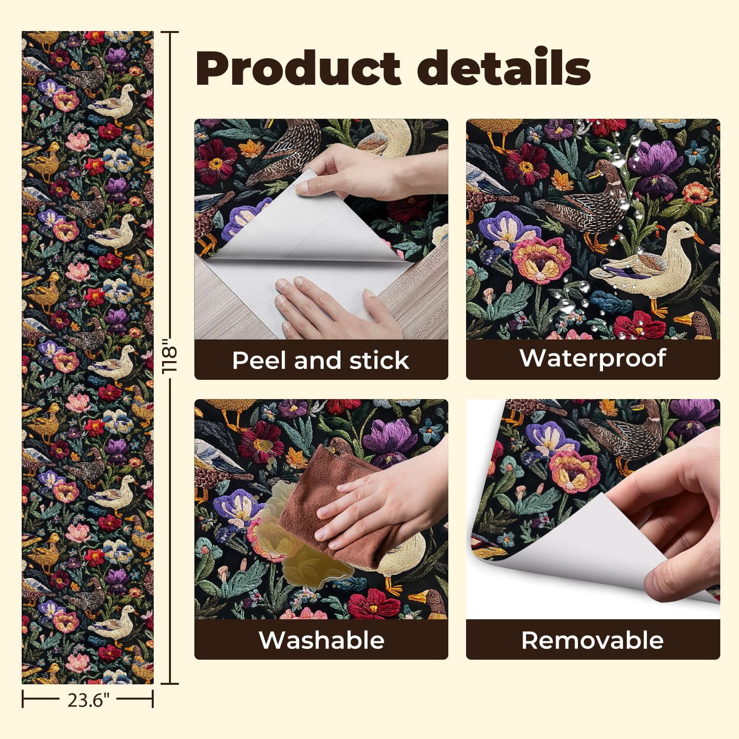 Peel and Stick Wallpaper Colorful Floral Embroidery Ducks Birds Black Wall Mural 23.6in x 9.8ft Self Adhesive Removable Wall Paper Renter Friendly Wallpaper for Nursery Bedroom Cabinets