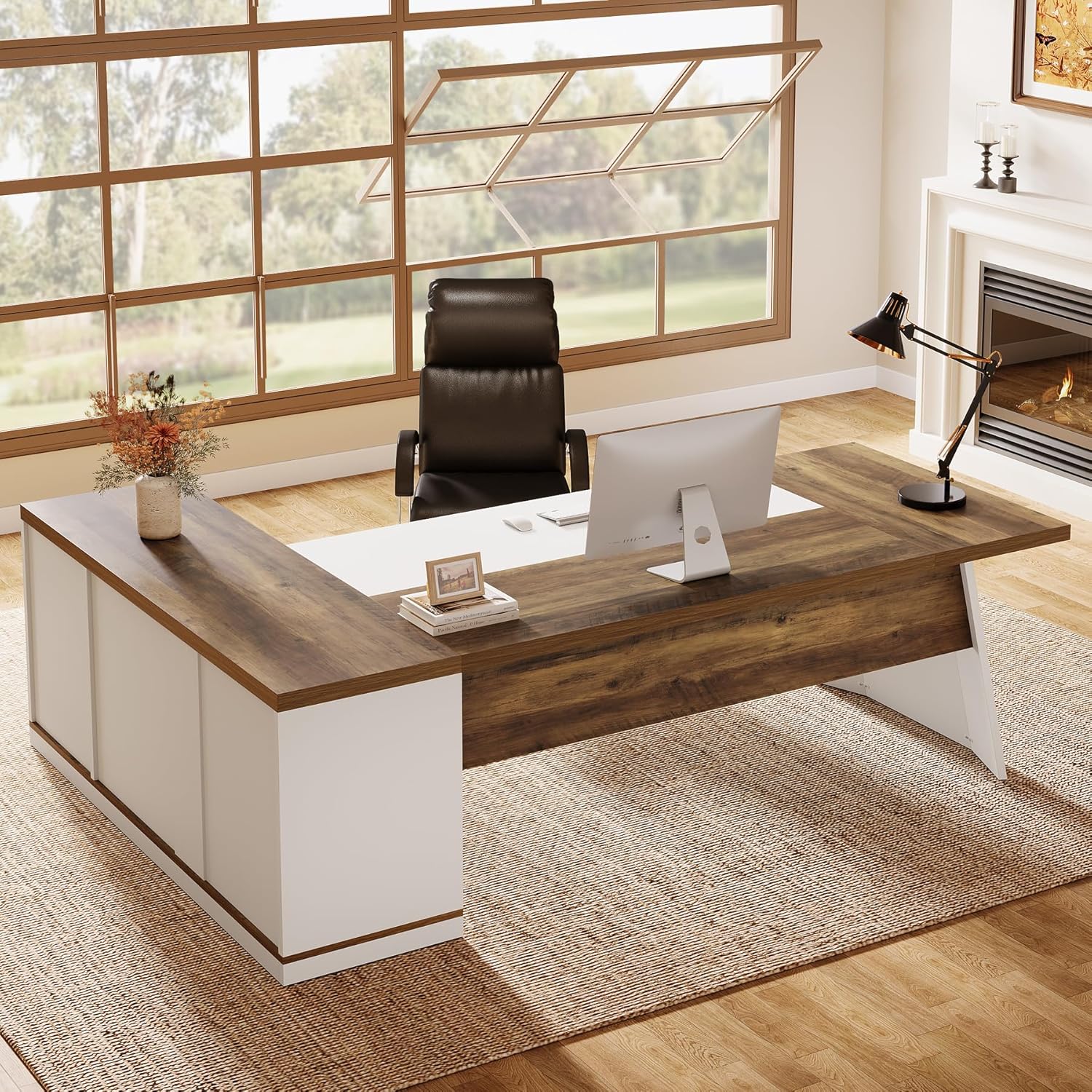 Finmind 78.7" L-Shaped Executive Desk, Modern Office Computer Desk with 55" Storage Cabinet, Drawers & Shelves, Brown & White