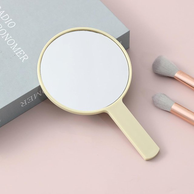 Cosmetic Mirror, Square HD Handheld Mirror, Portable Handheld Handle, Beauty Small Mirror Round Yellow