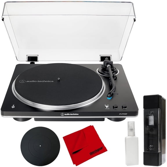 Audio-Technica AT-LP70XBT-BS Fully Automatic Wireless Belt-Drive Turntable Black/Silver Bundle with Deco Gear 12 inch Rubber Platter Mat, Cleaning Fluid System and Cleaning Cloth