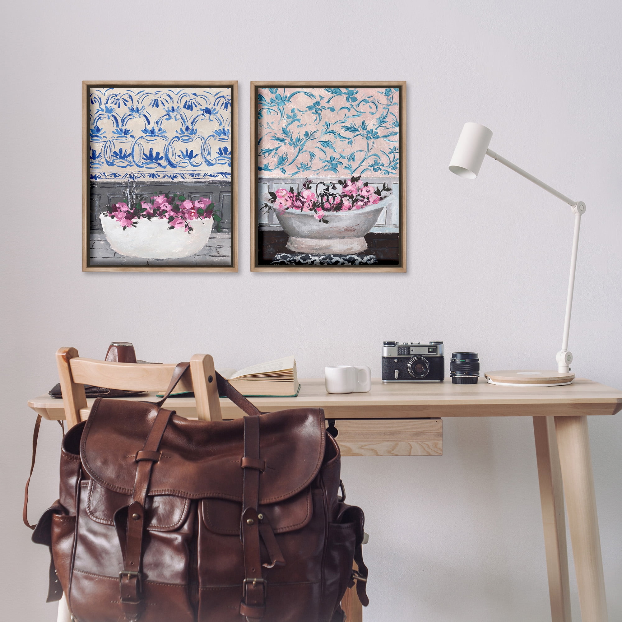 Stupell Industries Flowers In Bath Tub Interior Design Botanical & Floral Painting Brown Floater Framed Canvas Art Print Wall Art, 17 x 21, Set of 2
