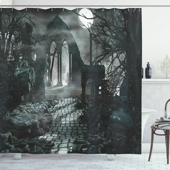 Ambesonne Gothic Shower Curtain, Moon View in Scary Dark, 69"Wx70"L, Blue Grey