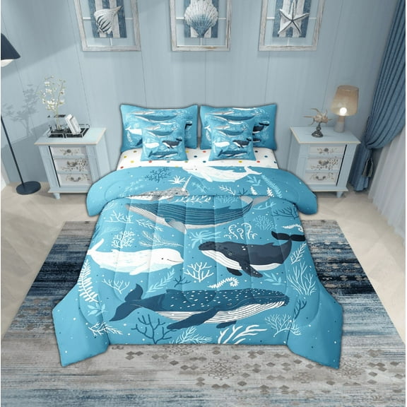 Erosebridal Cartoon Whale Bedding Sets Twin Size,Ocean Animal Comforter Sets with Sheets,Super Cozy Reversible Bed in a Bag Twin size,Marine Decor,7pcs