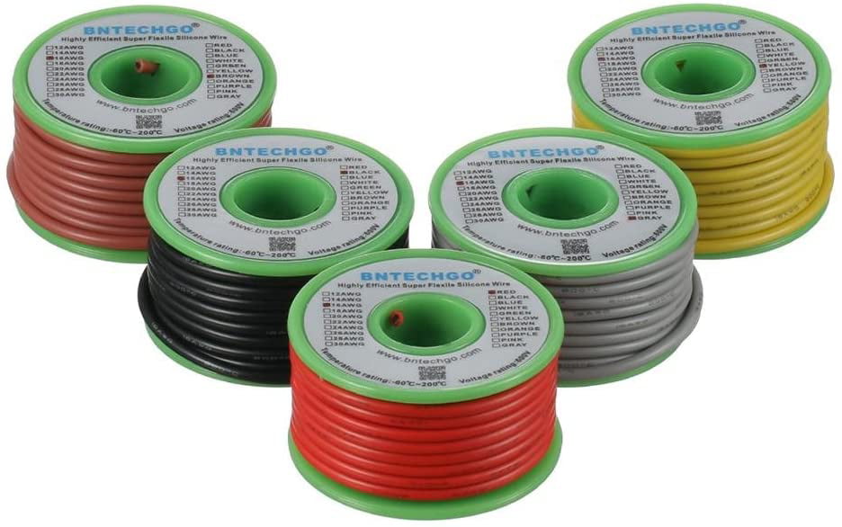 BNTECHGO Ultra Flexible 16 Gauge Silicone Wire Spool 5 Color Red Black White Blue and Green High Resistant 200 deg C 600V Electronic Wire 16 AWG Stranded Wire 252 Strands Tinned Copper Wire Hook Up 