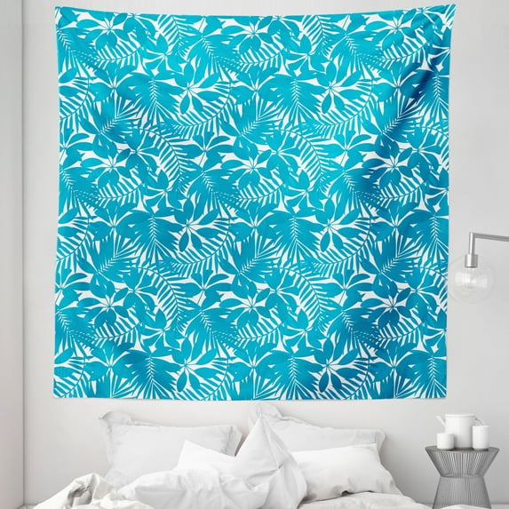 Aqua Tapestry, Tropical Tree Leaves Pattern Hawaiian Nature and Vegetation Foliage in Blue and White, Fabric Wall Hanging Decor for Bedroom Living Room Dorm, 5 Sizes, Blue White, by Ambesonne