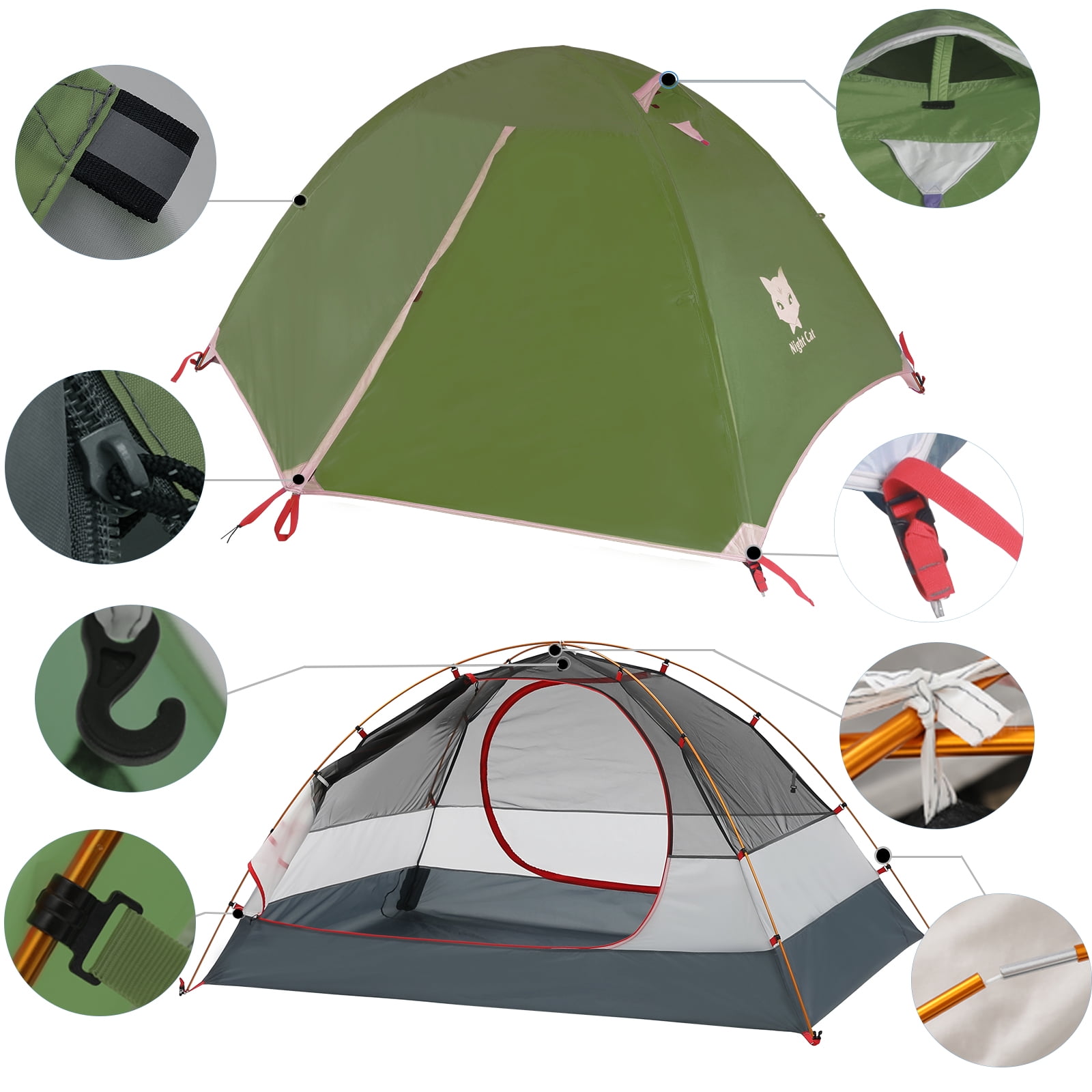 Night Cat Backpacking Tent 2 Persons with Aluminium Pole Camping Tent Adults Lightweight Rainproof Portable Easy Setup Two Doors Double Layers Hiking Mountaineering Outdoors 2.2x1.4m