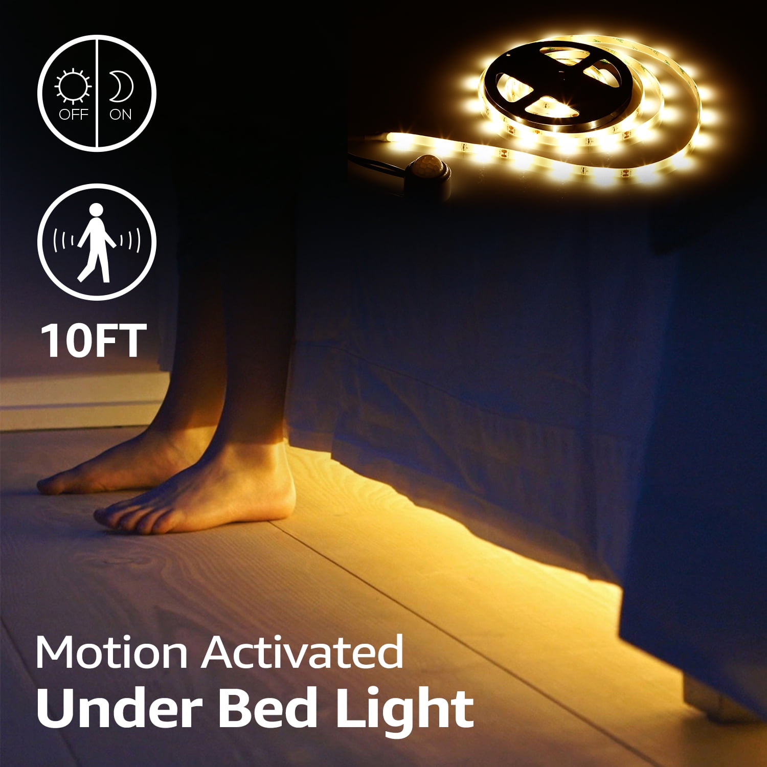 10ft LED Bed Lights, Flexible Bedside Strip Lights, Motion Detector Automatic Shut Off Timer, Night Light for Bedroom - Walmart.com