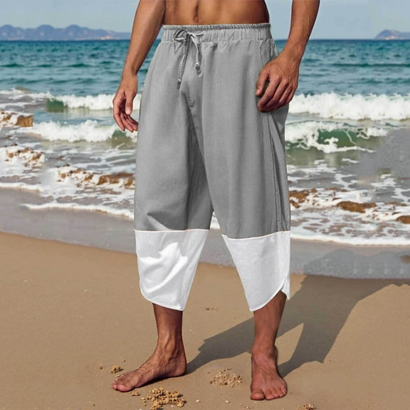 asjyhkr Plus Size Mens Capri Pants Drawstring Elastic Waist Breathable Summer Beach Casual Trousers with Pockets,Xs-5XL