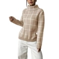 thumbnail image 3 of Women Fall High Neck Plaid Sweater Long Sleeve Loose Casual Chunky Checked Knit Winter Sweaters Jumper Tops Khaki S, 3 of 8