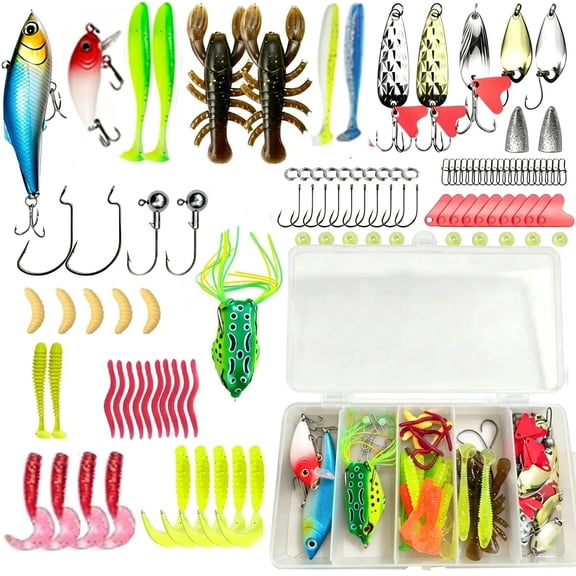 Beloadence Fishing Lures, Fishing Accessories, Tackle Box with Tackle Included, Fishing Kit with VIBs, Frogs, Minnows, Soft Baits, Hooks & Weights Accessories, 107Pcs