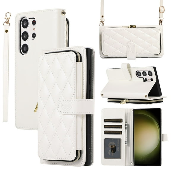 ELEHOLD for Samsung Galaxy S23 FE Wallet Crossbody Case,Large Capacity Zipper Cash Pocket Card Holders Flip Kickstand Skin-Friendly Leather Purse Cover with Wrist Strap Crossbody Strap,White