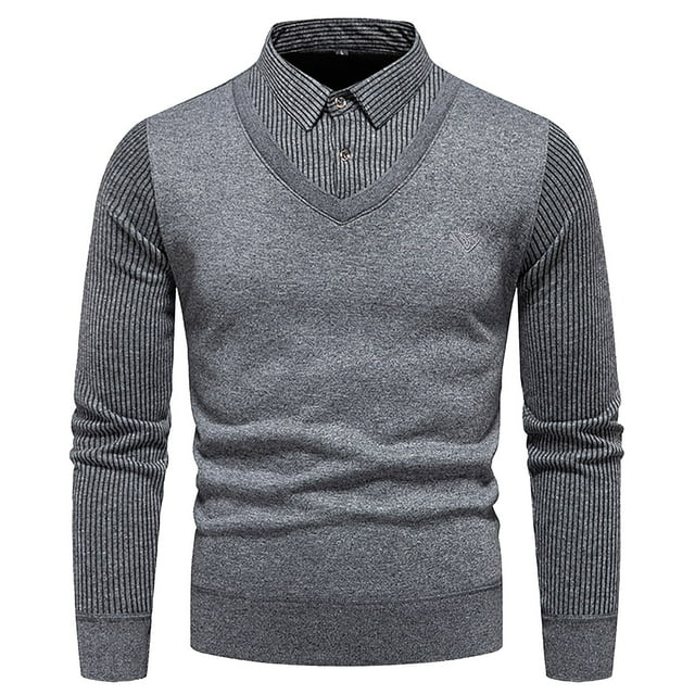 LOVZFMLL Men's Sweaters, Acrylic V-Neck Ribbed Pullover, Fashion Casual Button Striped Shirt Vest, Mock Two-Layer, Warm Winter Tops, Fall Clothes