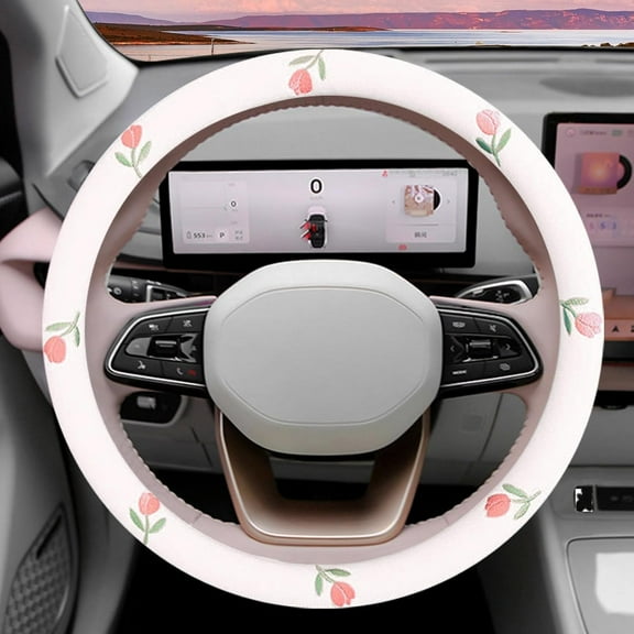 Cute Pink Flower Steering Wheel Cover for Women, Universal 15 Inch Car Steering Wheel Cover, Non-Slip Breathable Embroidery Wheel Cover, Durable Steering Wheel Protector for Auto