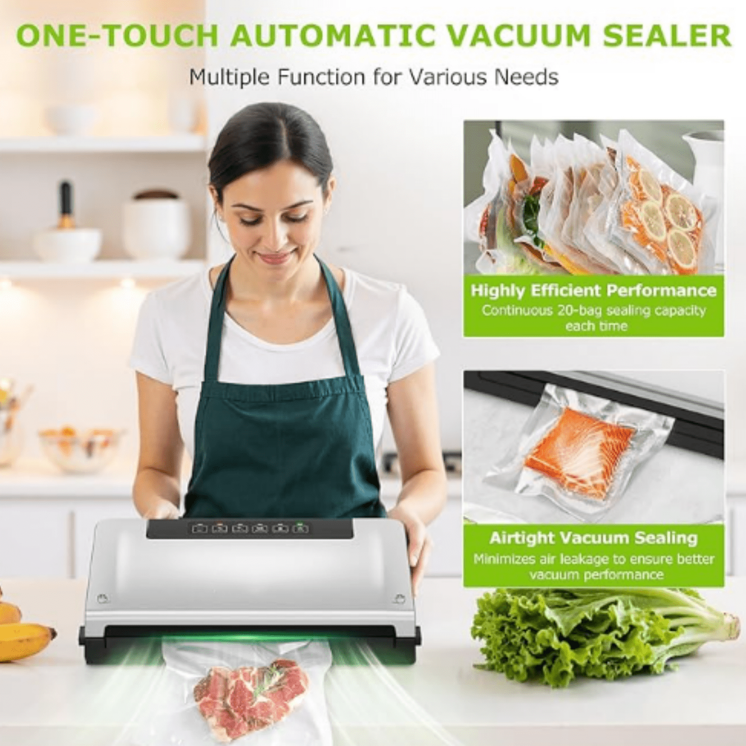 Food Vacuum Sealer Machine with External Vac Function, Built-in Cutter & Bag Storage, 5 Modes for Various Food Types, Includes 10 Bags & 1 Roll (Silver)