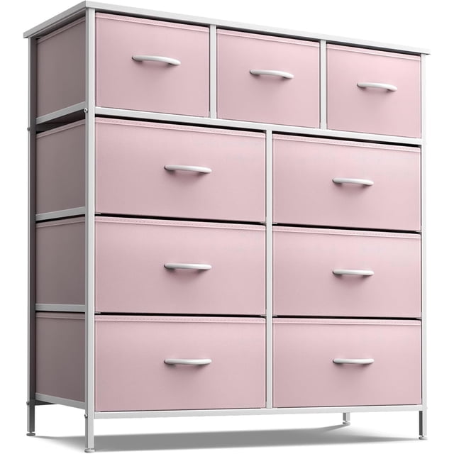 Mesita de Noche con 9 Cajones, Organizador de Mesita de Noche, Mueble de Tocador para Recámara y Oficina, Color Rosa