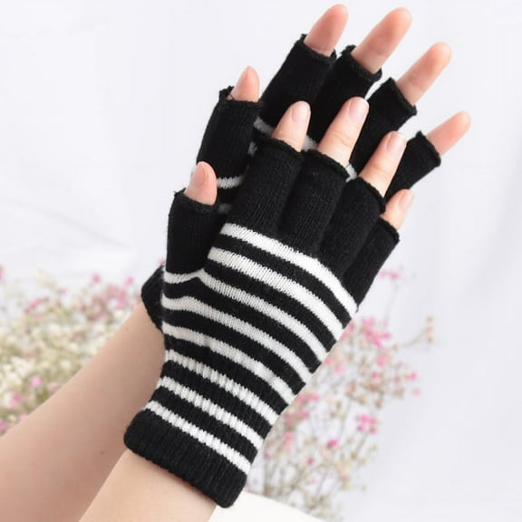1Pair Black Stripe Half Finger Fingerless Gloves for Women and Men Knit Wrist Cotton Winter Warm Outdoor Gothic Lolita Mittens Bienvenu Unisex Stretchy Fingerless Hand Warmer Skeleton Gloves