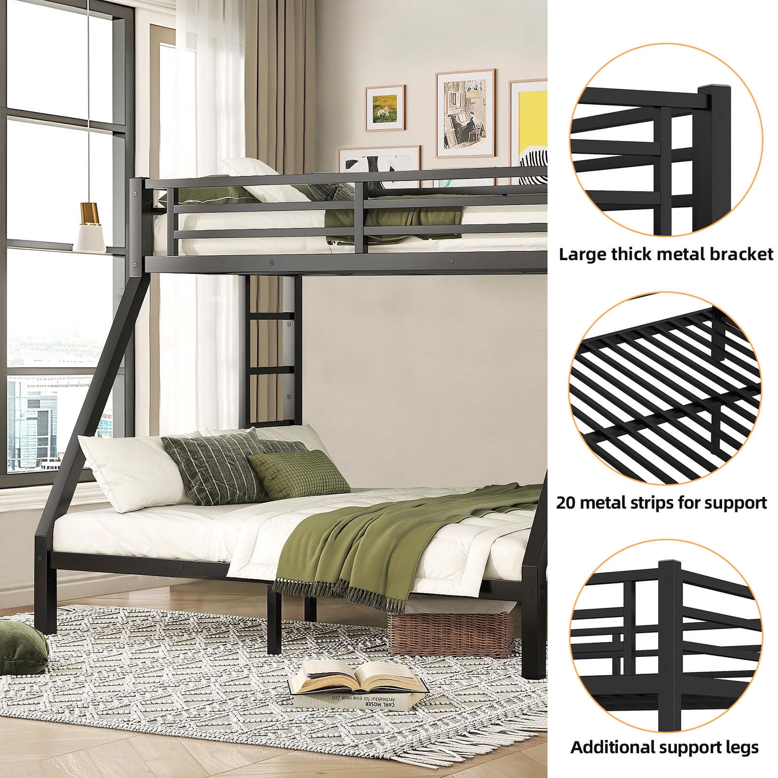Miniyam Twin XL Over Queen Metal Bunk Bed with Guardrail and Ladders, Space-Saving Frame, White