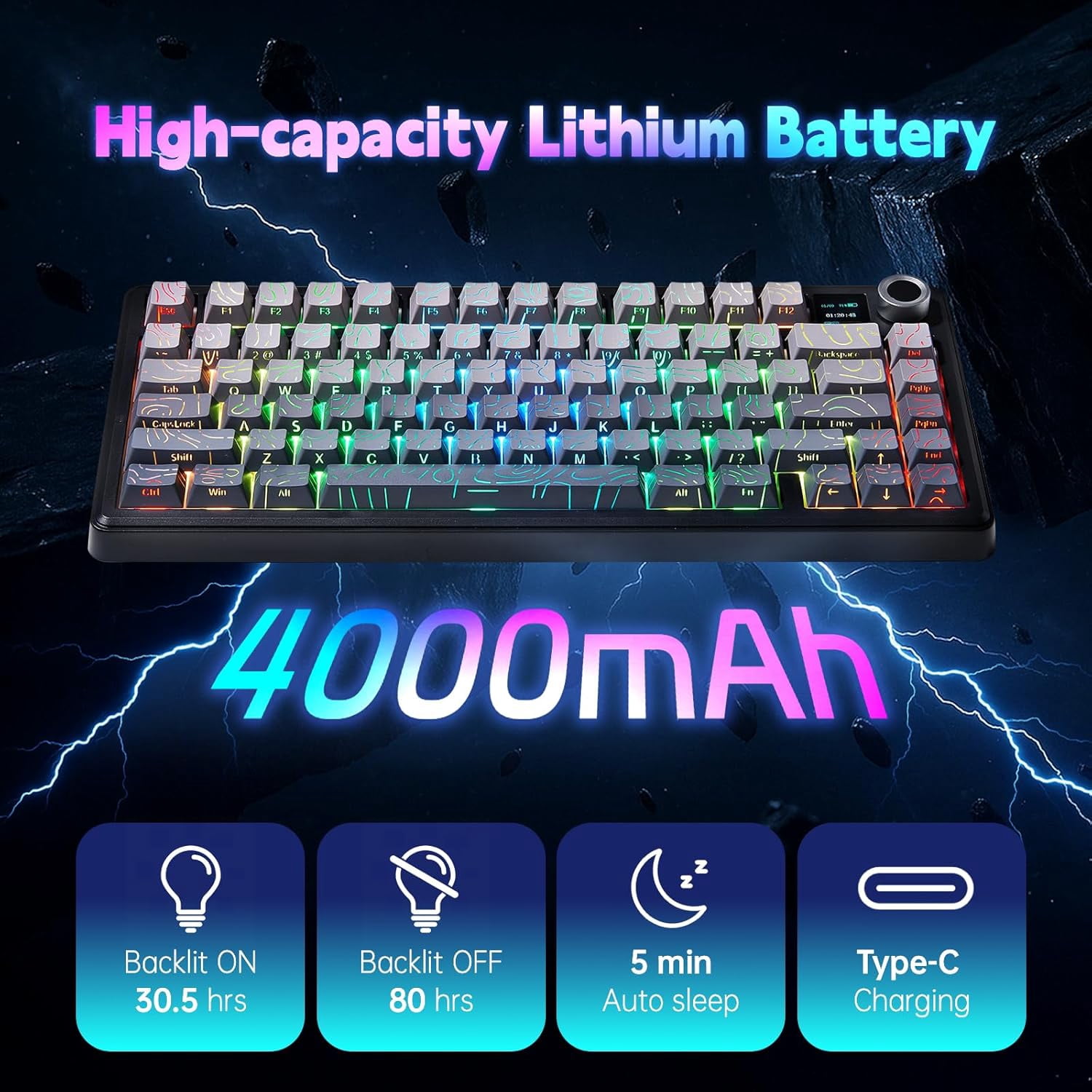 AULA F75 Max, 81-Key, Wireless, Hot Swappable, Mechanical Gaming Keyboard, RGB, Knob, 4000 mAH Battery, Digital Screen