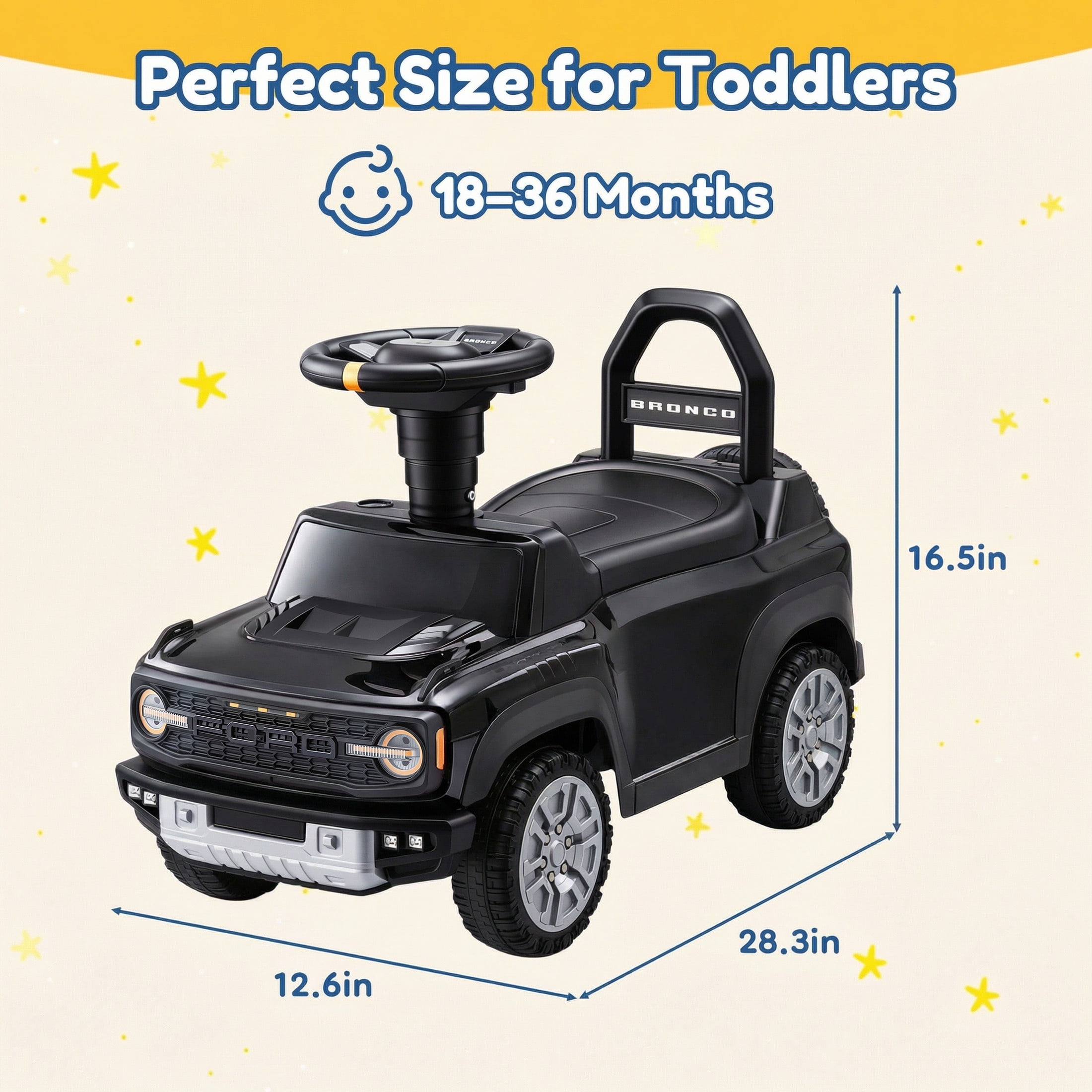 Ford Bronco Ride On Car for Toddlers 1-3, Ride On Toys with Steering Wheel, Music, Horn & Engine Sounds, Under Seat Storage, Silent Wheels, Easy Push Footto Floor Car for Boys & Girls, Black