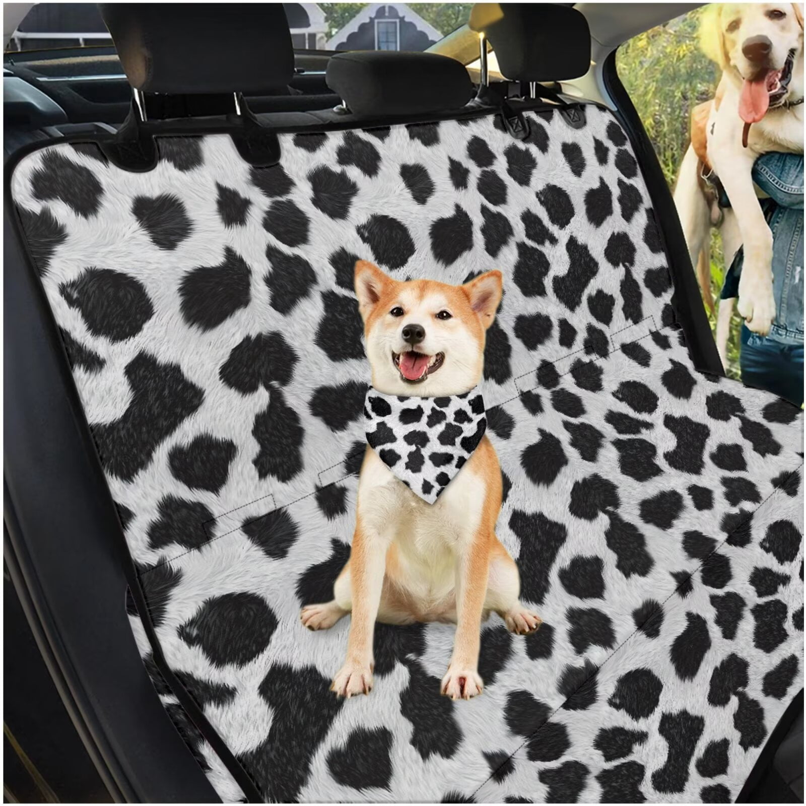 Garronmavis 3 PCS Car Seat Cover Dog Car Seat Cover for Back Seat Dog Bandanas Car Trash Bag Hanging Pet Car Seat Protection for Most Cars Trucks SUVs Black And White Cow Print