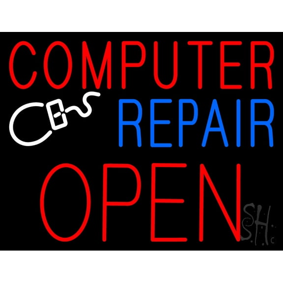 Red Computer Repair Block Open LED Neon Sign 15 x 19 - inches, Clear Edge Cut Acrylic Backing, with Dimmer - Bright and Premium built indoor LED Neon Sign for Computer & Electronics store decor.