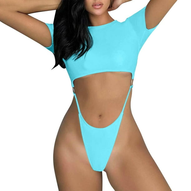 Trajes de baño de una pieza para mujer, traje de baño de moda para mujer, color sólido, con tanga en la espalda, traje de baño de bikini para mujer