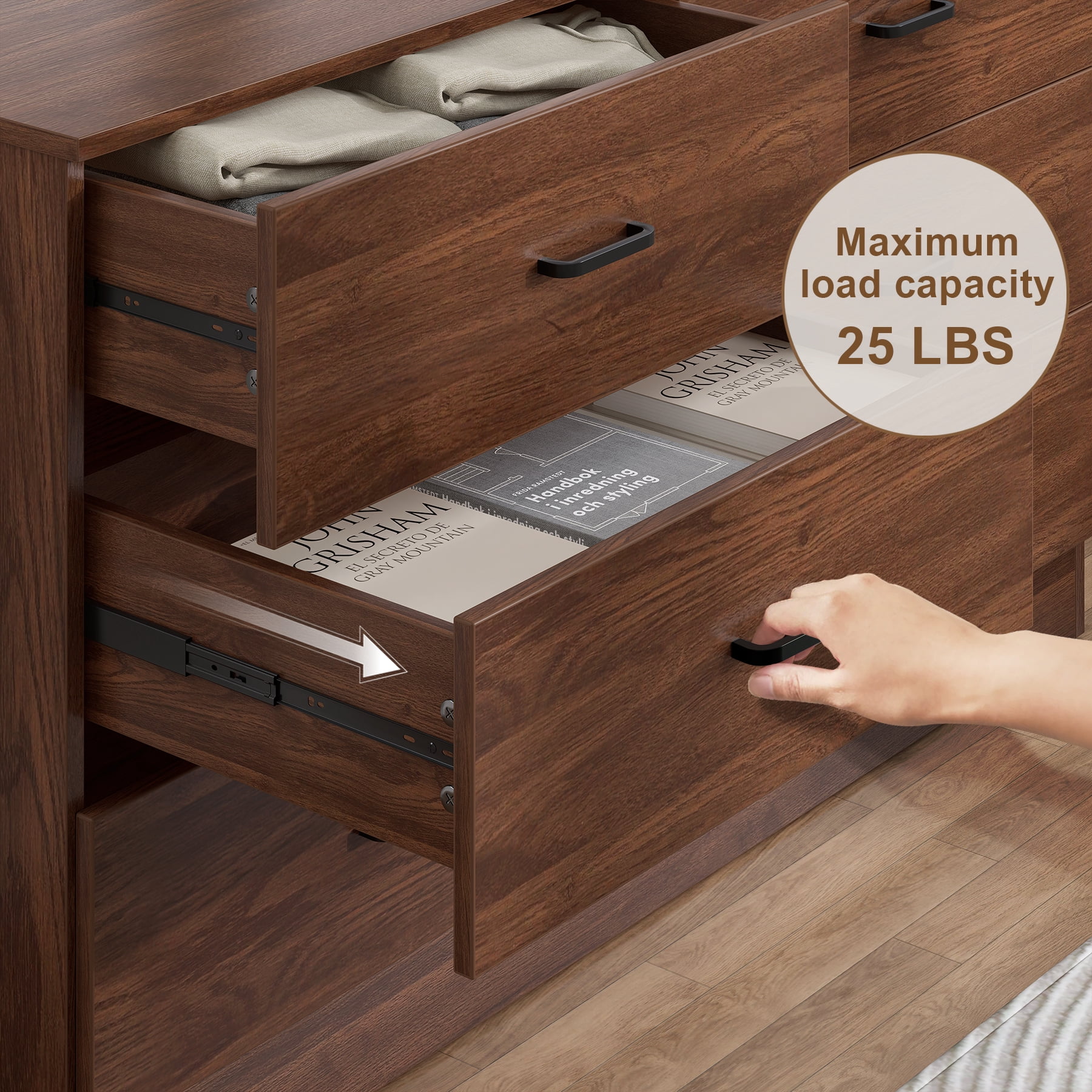 Frmobepts Wood Dresser for Bedroom, 6 Drawer Dresser, 15.8" D x 47.2" W x 27.7" H, Walnut Brown
