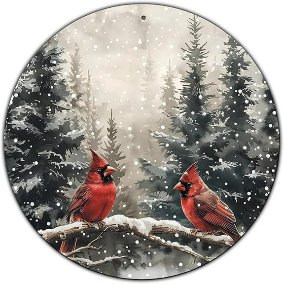 Winter Pine Trees Cardinal Bird Round Metal Tin Sign Winter Holiday Farmhouse Rustic Wreath Sign for Indoor Outdoor Home Wall Window Decor 8 Inch