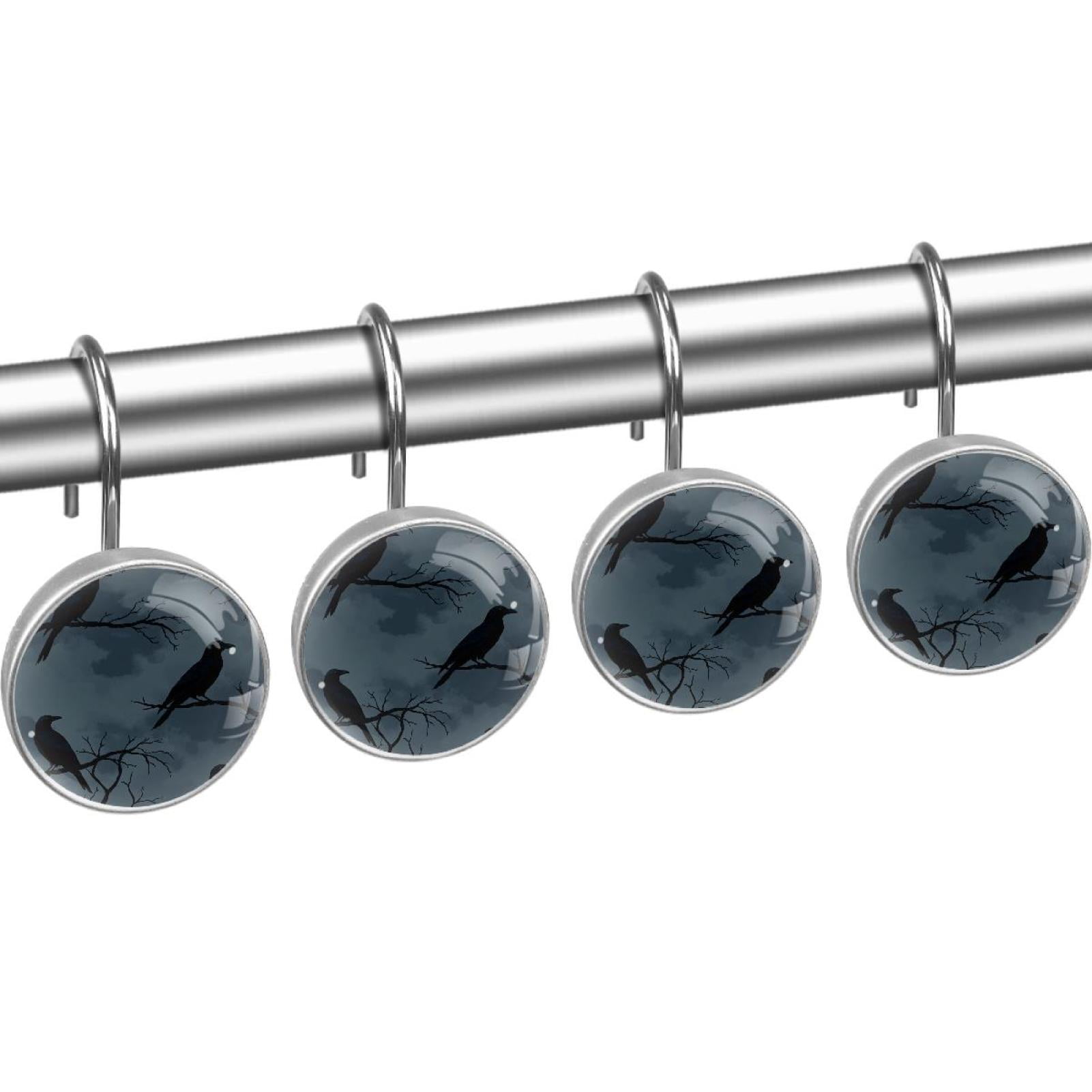 Raven Standing on Branches Shower Curtain Hooks Round Crystal Glass, Set of 12 Shower Curtain Rings - Shower Hooks for Curtain Shower Rings
