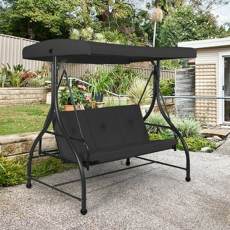 Topbuy 3 Person Porch Swing Hammock Bench Chair Outdoor with Canopy Black