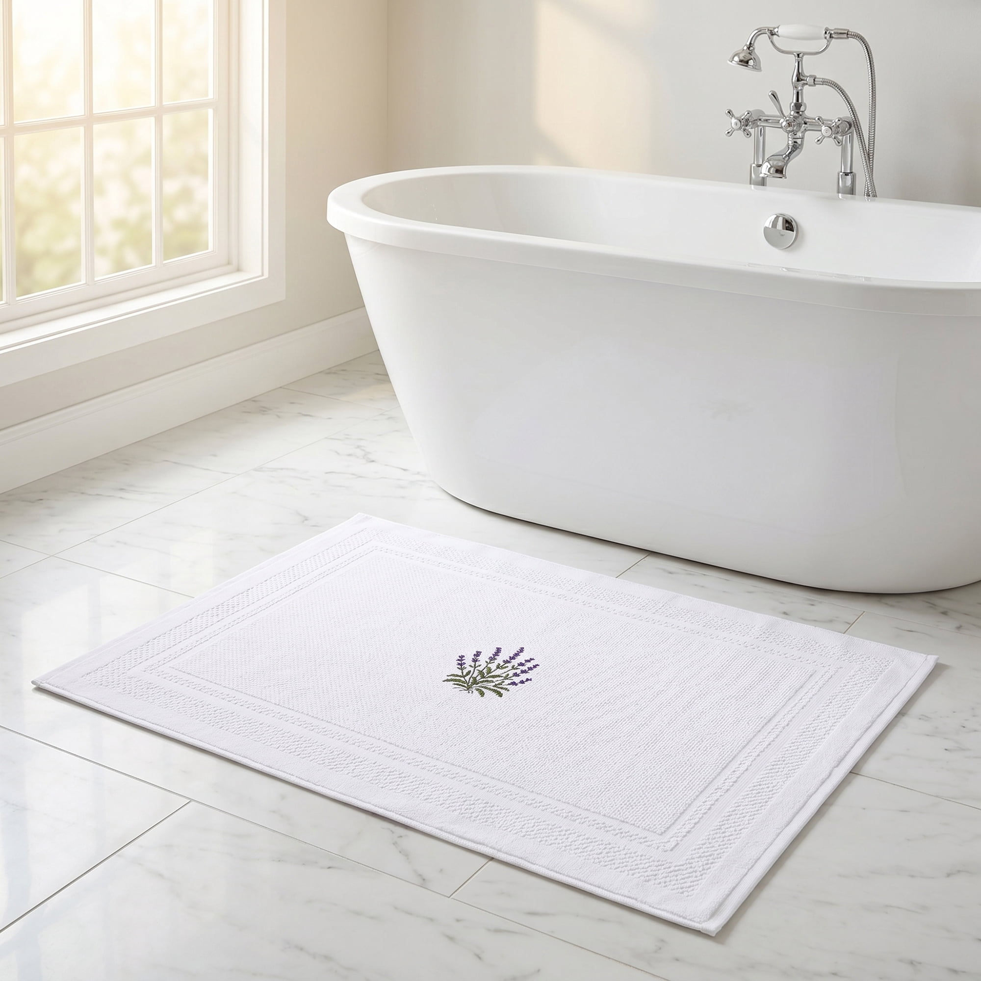 Unique Bargains Cotton Bathroom Absorbent Lavender Embroidered Washable Mat White 24"x16"