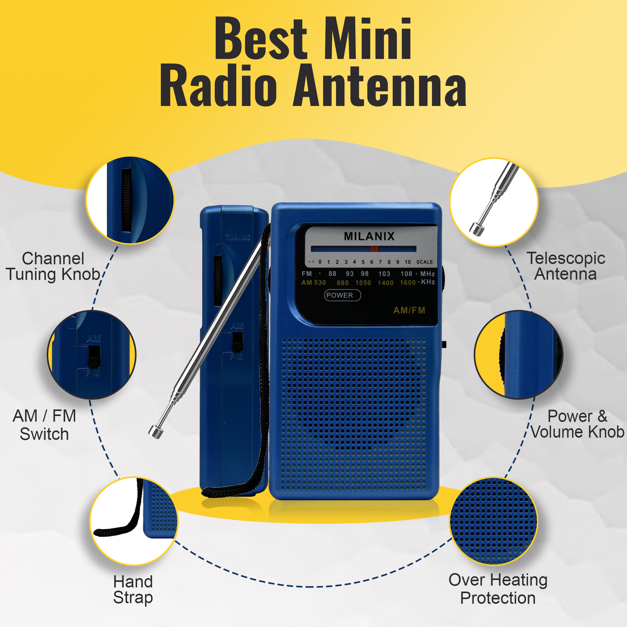 Milanix Small Portable AM/FM Radio, Blue Coral photo 7