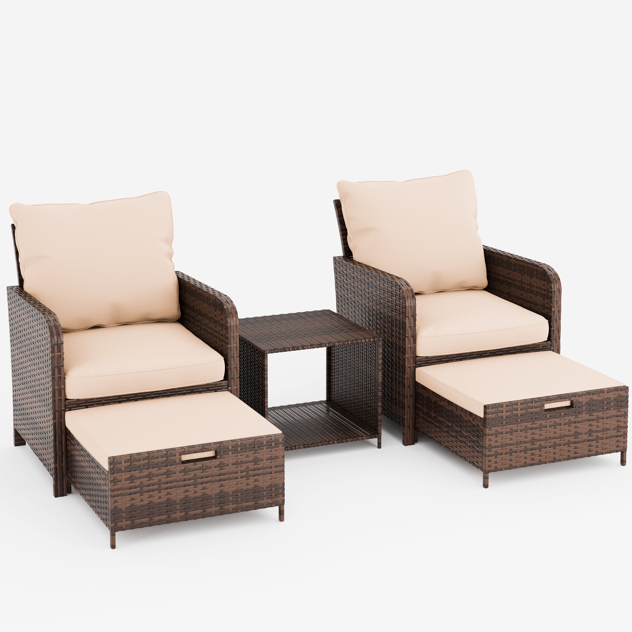 Poteban Balcony Furniture 5 Piece Patio Furniture Set, Outdoor Patio Chair with Ottoman for Front Porch Deck, Wicker Lounge Chair with Side Table, Khaki