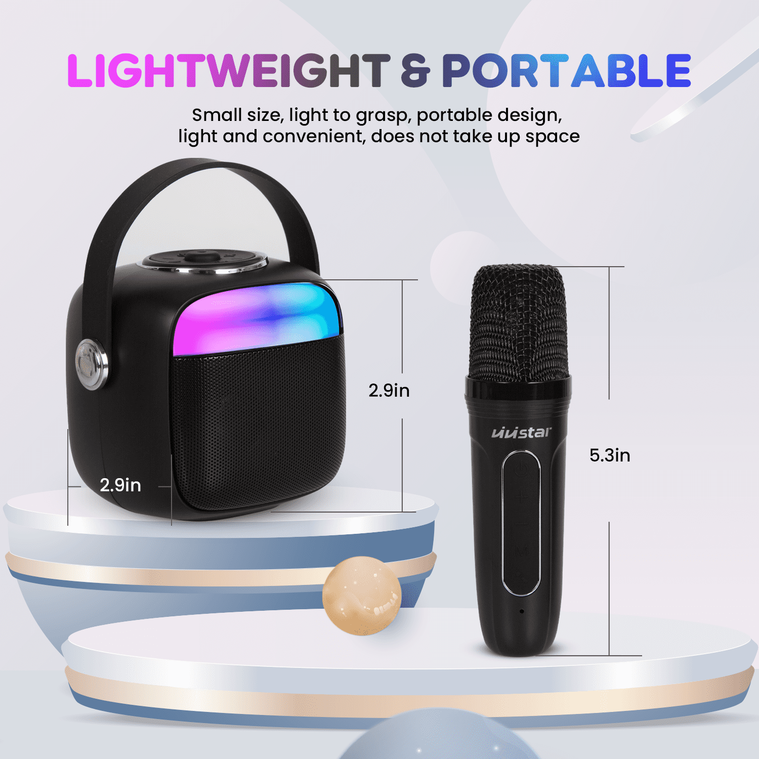VIVISTAR Karaoke Machine for Kids Portable Bluetooth Speaker with 2 Wireless Microphones Mini Karaoke Speaker with LED Lights Birthday Gifts for Adults Girls Boys Family Home Party Outdoor (Black)